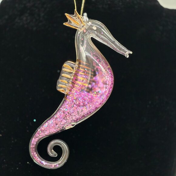 Glass Glitter Filled Seahorse Ornament With Gold Crown & Tail 5" - Picture 6 of 6